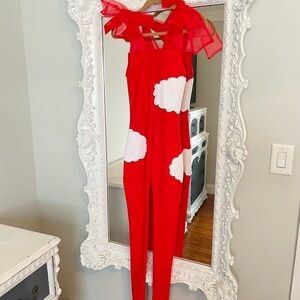 New York Couture One of a Kind Red Clouds Sheer Tie Straps Jumpsuit